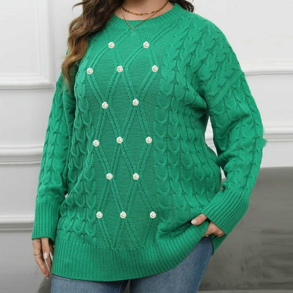 Zedker Comfy Oversized Round Neck Sweaters For Women Casual Long Sleeves Tops For Women Trendy Fall Winter Outfits,Green,L