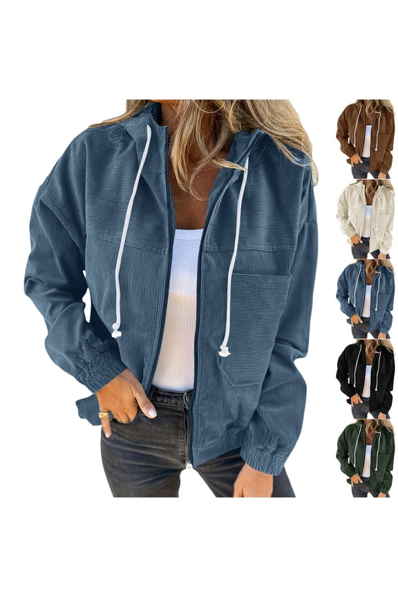 Corduroy Jacket Women Drawstring Hooded Pocket Zip Up Jacket Loose Shacket Coat