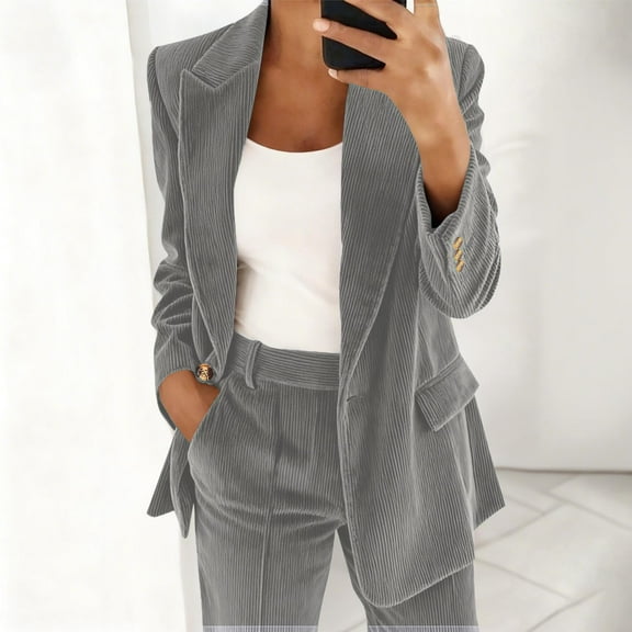 Zedker Corduroy Outerwears Casual Lapel Collar Long Sleeve Jackets for Women, Comfy Loose Fall Winter Outfits with Fake Pocket,Gray,L