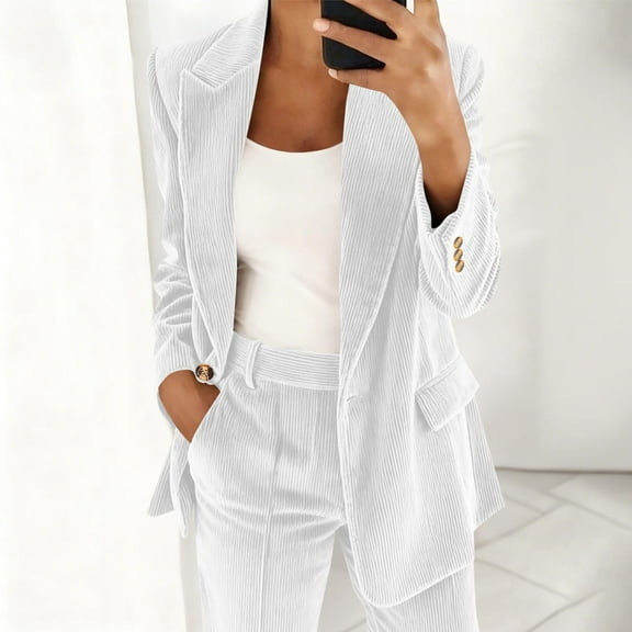 Zedker Corduroy Outerwears Casual Lapel Collar Long Sleeve Jackets for Women, Comfy Loose Fall Winter Outfits with Fake Pocket,White,M