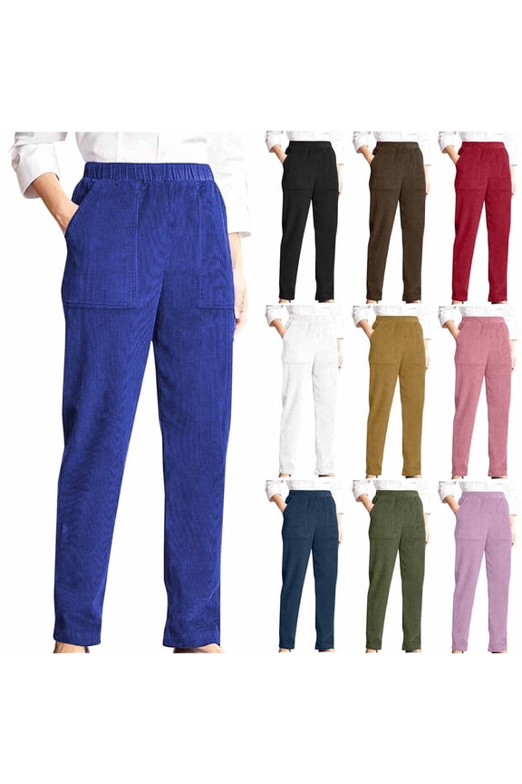 Corduroy Pants for Women Elastic High Waist Pull On Straight Leg Slacks Casual Trousers with Pocket