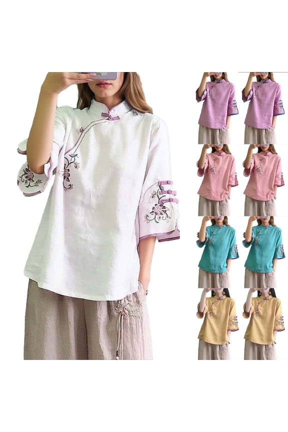 Cotton Linen Top for Women Chinese Style Retro Plus Size Loose Fit Shirt Exquisite Embroidery Traditional Hanfu Blouse Blue M