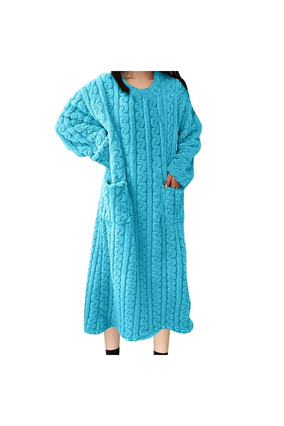 Cozy Nights Women'S Elegant Lounge Dress Lake Blue Flannel Long Sleepwear Gown with Pockets, Soft Fleece Loungewear for Winter,Sky Blue,115