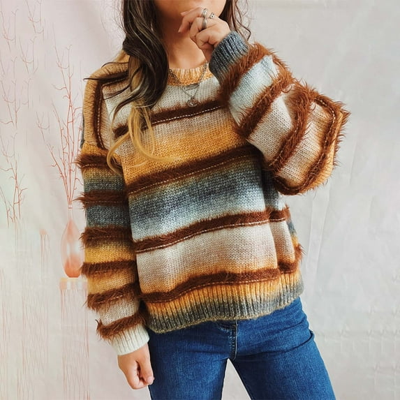 Zedker Cute Gradient Color Striped Casual Women'S Crewneck Long Sleeve Pullover Comfy Warm Knitted Sweaters with Plushed Decoration,Yellow,S