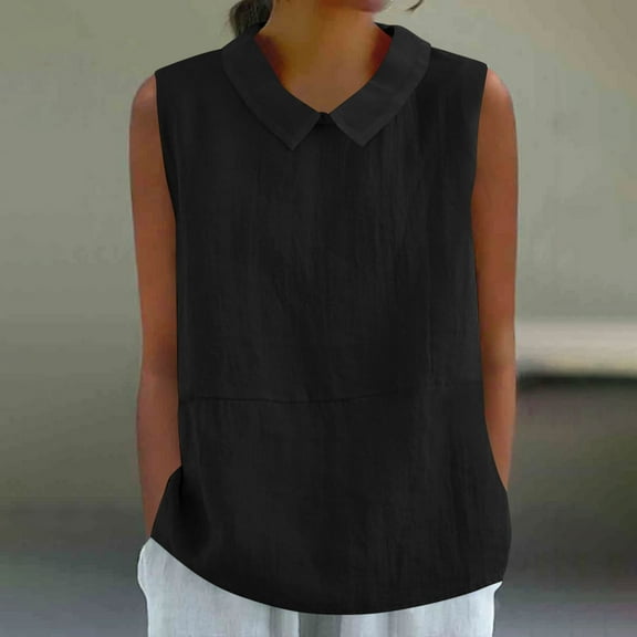 Zedker Cute Lapel Collar Sleeveless Shirts for Women Casual Loose Pullover Vests for Springtime and Summer Comfy Linen Mixture Tops Trendy,Black,XL
