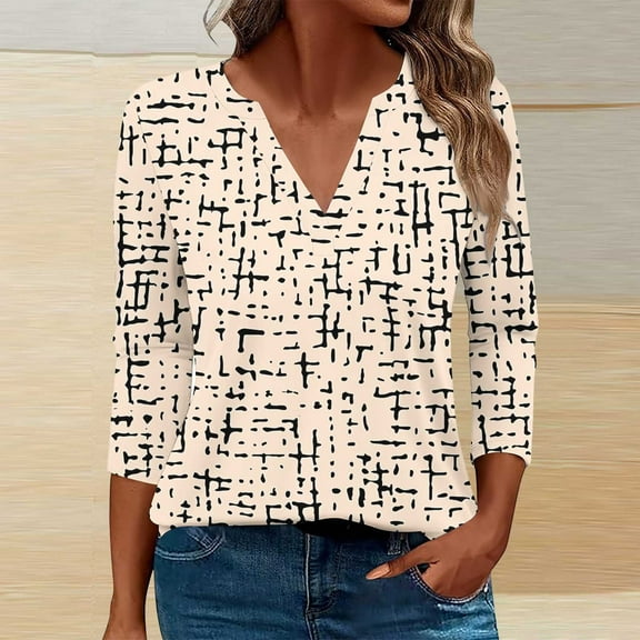 Zedker Cute Printed Blouses For Women Comfy Trendy V-Neck Womens Tops Casual 3/4 Sleeves Shirts For Women,Khaki,L