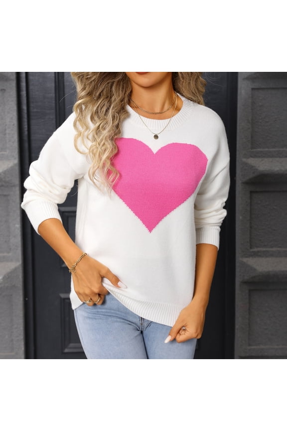 Cute Women'S Fall Winter Heart Pattern Knitted Sweaters,Casual Long Sleeve Crewneck Pullover,Cozy Soft Comfortable Casual Tops,White,XXL