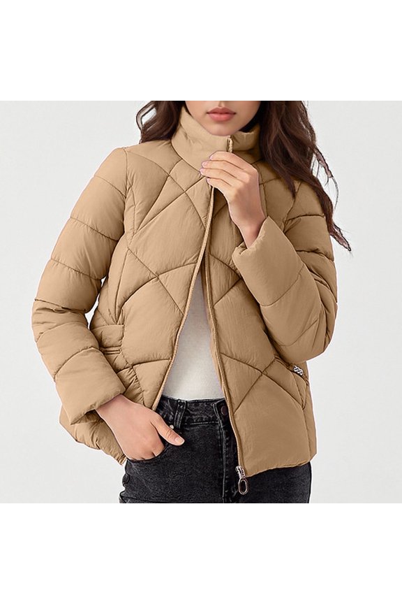 Detachable Hood Thermal Winter Coats for Women Casual Stand Collar Long Sleeve Zipper Multi Pockets Puffer Jackets,Khaki,L