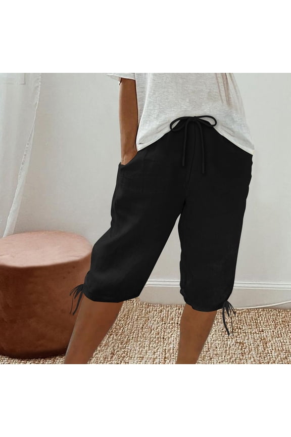 Drawstring Tapered Pants for Women Casual Flax Mixture Quickly Dry Comfy Breathable Shorts for Springtime and Summer,Black,XXXXL