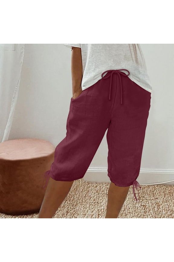 Drawstring Tapered Pants for Women Casual Flax Mixture Quickly Dry Comfy Breathable Shorts for Springtime and Summer,Wine,XXXXL