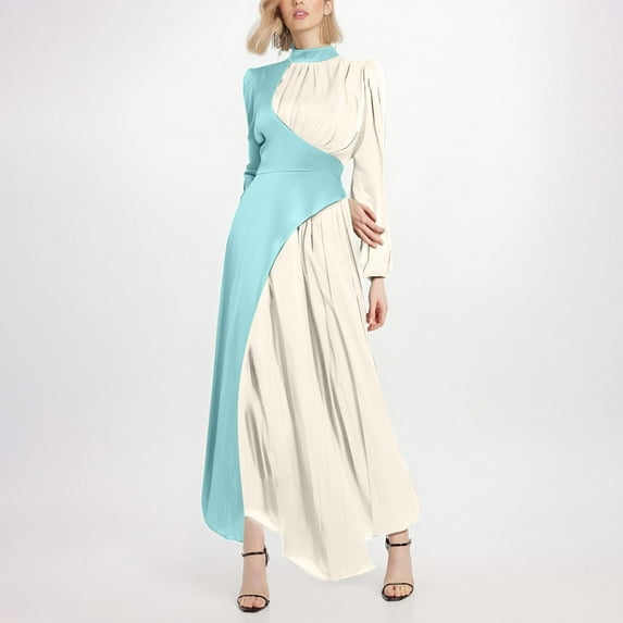 Zedker Dress for Women Elegant Long Sleeve Color Block Maxi Dress Mock Neck Pleated A-Line Fall Wedding Guest Dresses for Women Plus Size Blue XL