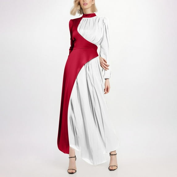 Zedker Dress for Women Elegant Long Sleeve Color Block Maxi Dress Mock Neck Pleated A-Line Fall Wedding Guest Dresses for Women Plus Size Red XL