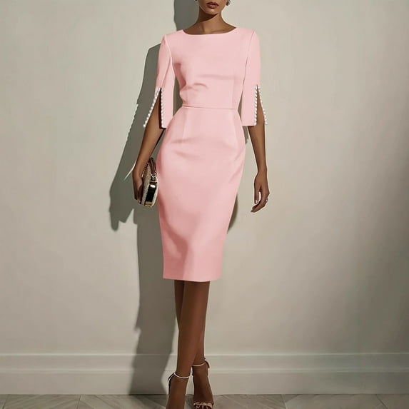 Zedker Dress for Women Hem Peplum Skirt with Belted Midi Dresses Fit for Office and Cocktail Party, Plus Size PinkXXL