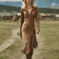 thumbnail image 1 of Zedker Dress for Women Western Cow-girl Suede Dress Vintage Long Sleeve Slim Fit Fringe Dress with Lapel and Zip Plus Size Brown XXL, 1 of 6