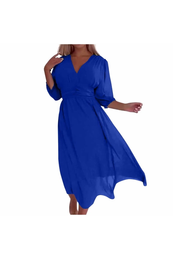 Dresses for Women 2025 Fall Fashion Midi Dresses Wedding Guest Long Sleeve V Neck Waist Tie A Line Elegant Maxi Winter Dresses Plus Size Blue XXXL