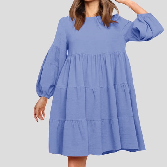 Zedker Dresses for Women Oversized Crew Neck Dress Lantern Long Sleeve Solid Dresses 2025 Oversized Trendy Patchwork Casual A-Line Mini Dress Plus Size Blue L