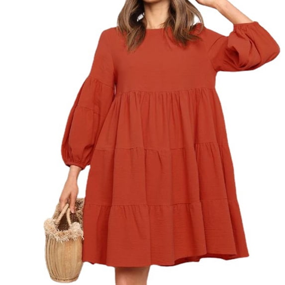 Zedker Dresses for Women Oversized Crew Neck Dress Lantern Long Sleeve Solid Dresses 2025 Oversized Trendy Patchwork Casual A-Line Mini Dress Plus Size Orange XL