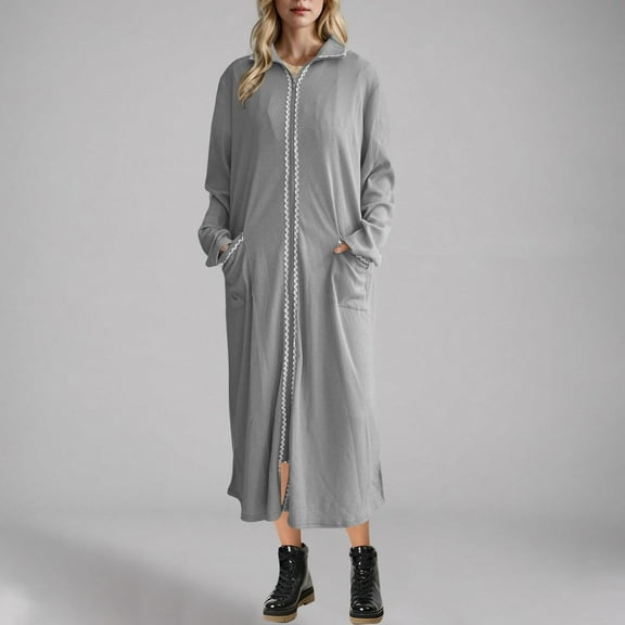 Zedker Dresses for Womens Long Sleeve Zipper Robes Oversized Waffle Knit Bathrobe Lightweight 2025 Fall Dresses Soft Sleepwear with Pockets Plus Size Gray M