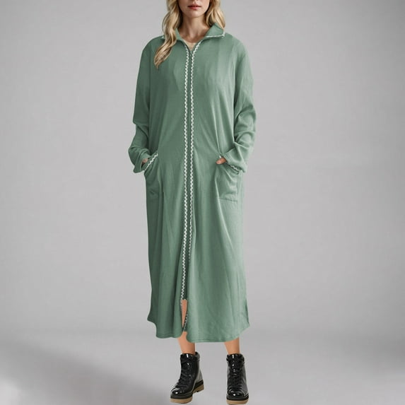 Zedker Dresses for Womens Long Sleeve Zipper Robes Oversized Waffle Knit Bathrobe Lightweight 2025 Fall Dresses Soft Sleepwear with Pockets Plus Size Green S
