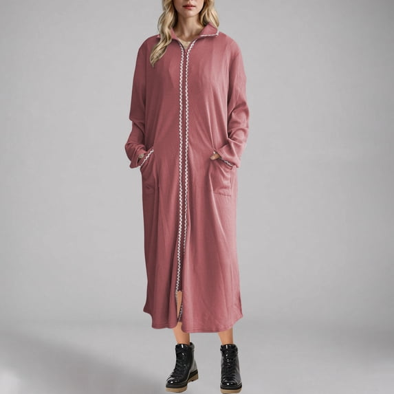 Zedker Dresses for Womens Long Sleeve Zipper Robes Oversized Waffle Knit Bathrobe Lightweight 2025 Fall Dresses Soft Sleepwear with Pockets Plus Size Pink M