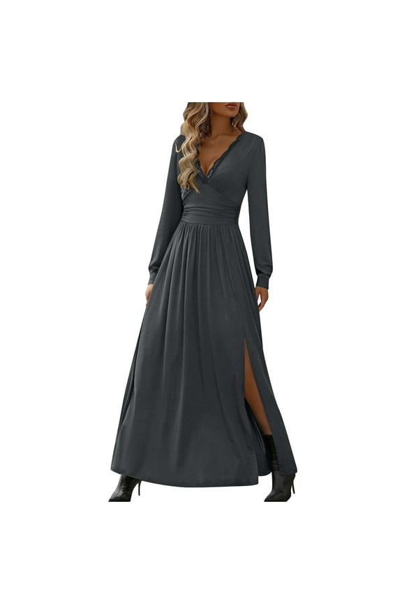 Dresses for Women Deep V Neck Long Sleeve Slit Leg Bridesmaid Maxi Dress Cocktail Party Wedding Guest Dresses Plus Size Gray S