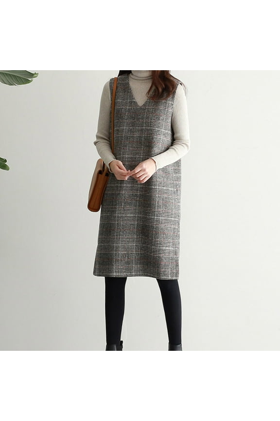 Dresses for Women Fall Winter Plaid Wool Overall Casual Business Sleeveless Midi Tank Black Plus XXXL