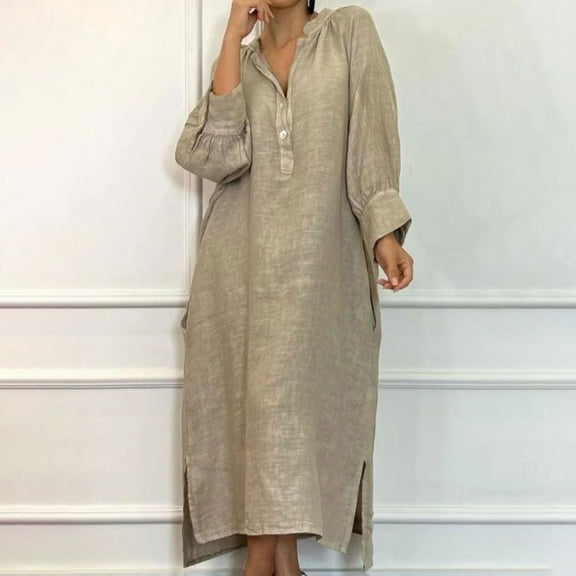 Zedker Dresses for Women Loose Button Up Linen Maxi Long Sleeve Casual V Neck Shirt Khaki Plus S