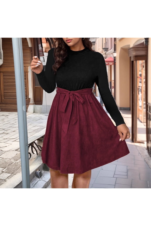 Dresses for Women Plus Size Long Sleeve Elegant Patchwork A-Line Wedding Guest Mini Dresses Wine Plus XXL