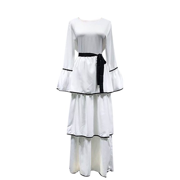 Zedker Dresses for Women Summer Crew Neck Casual Bow Ribbon Back Button Cake Skirt Ankle Length Dress Plus Size White L