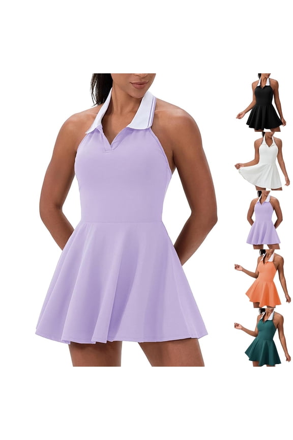 Dresses for Women Tennis Sleeveless Collared V Neck Golf Dress Swing Pleated Sports Mini Dresses with Shorts Purple M