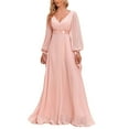 thumbnail image 1 of Zedker Dresses for Women V Neck Long Lantern Sleeves Floor Length Ruched Chiffon A-Line Formal Evening Pink Plus L, 1 of 4