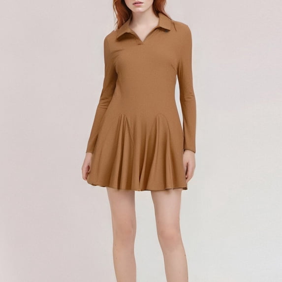 Zedker Dresses for Women V Neck Long Sleeve Fall Lapel Collared Button Casual Knit Dresses A line Dress Plus Size Brown XL