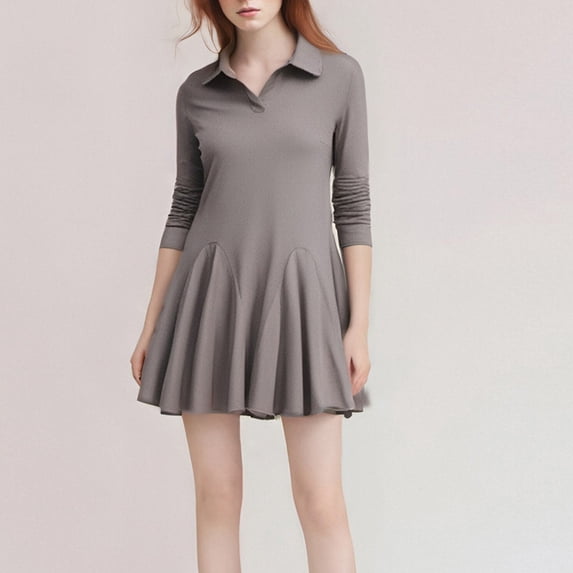Zedker Dresses for Women V Neck Long Sleeve Fall Lapel Collared Button Casual Knit Dresses A line Dress Plus Size Gray M