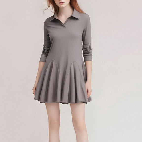 Zedker Dresses for Women V Neck Long Sleeve Fall Lapel Collared Button Casual Knit Dresses A line Dress Plus Size Gray S