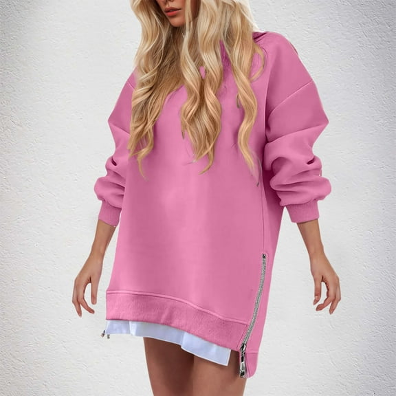 Zedker Dresses for Womens Long Sleeve Zipper Slit Oversized Sweatshirt 2025 Fall Dresses Casual Dress Fall Clothes Plus Size Pink S
