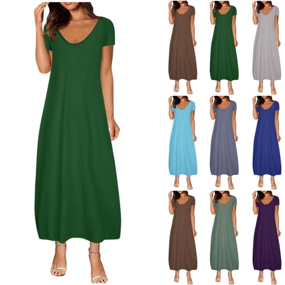 Zedker Dresses for Womens Summer Short Sleeve A-Line Midi Dresses Casual T-Shirt Dresses Flowy Beach Sundress Dark Blue XL