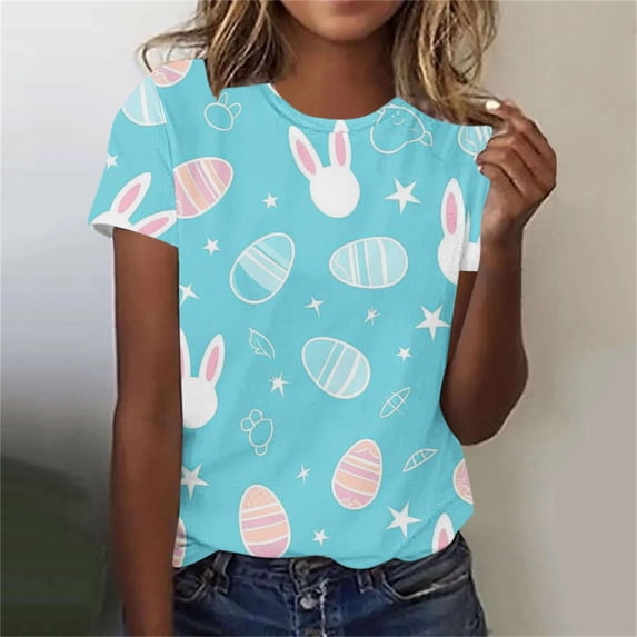 Zedker Easter Shirts for Women Short Sleeve Graphic Rabbit Cute Tshirt Bunny Printed Tee Shirt Blue XL