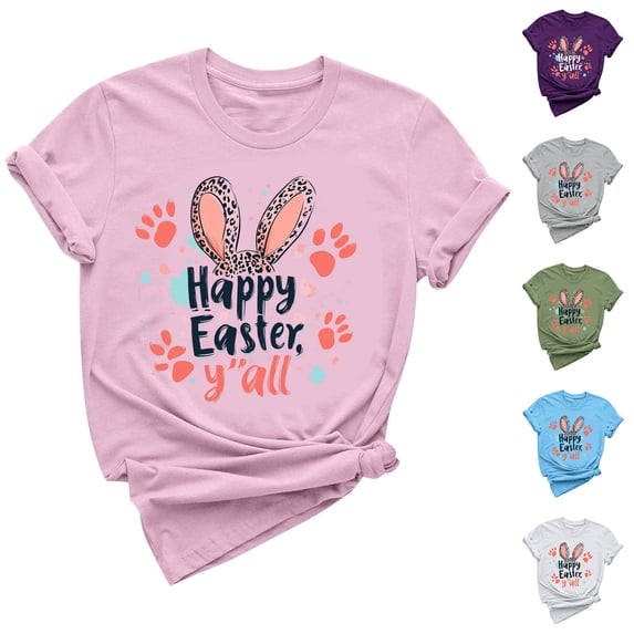 Zedker Easter Tops for Womens 2026 Spring Summer Casual Pullover Printed T-Shirt with Round Neck and Short Sleeves Gray L