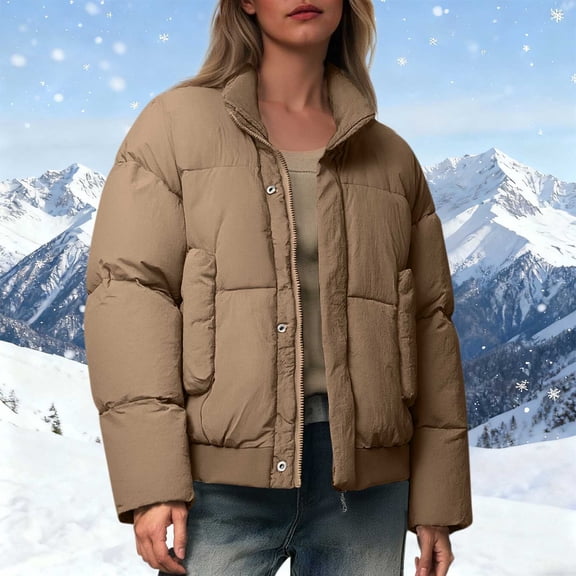 Zedker Elegant Lapel Collar Long Sleeve Casual Thermal Puffer Jackets for Women Comfy Thicken Loose Coats for Fall and Winter,Coffee,XXL