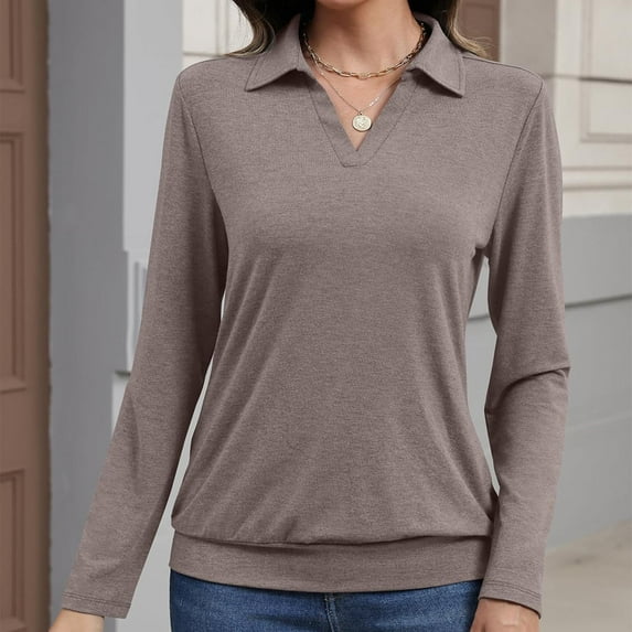 Zedker Elegant Lapel Collar Women'S Solid Color Casual V-Neck Long Sleeve Pullover Sweatshirts,Comfy Elastic Thermal Tops for Fall,Gray,XXL