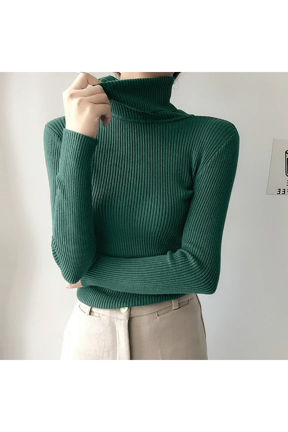 Elegant Long Sleeve High Neck Base Layer Shirts Comfy Fall and Winter Thermal Ribbed Knit Pullover Sweaters for Women ,Army Green,Free Size