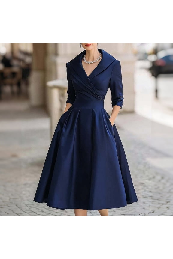 Elegant Midi Dresses for Women Fall 2025 Formal Wedding Guest Evenning Party Cocktail Dress with Pockets Plus Size Blue XXXL