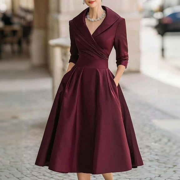 Zedker Elegant Midi Dresses for Women Fall 2025 Formal Wedding Guest Evenning Party Cocktail Dress with Pockets Plus Size Red XL