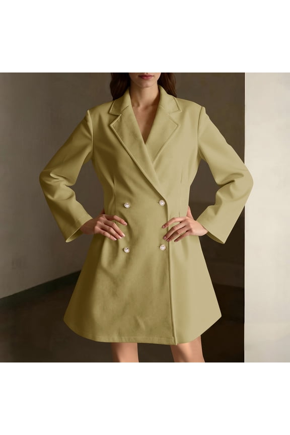 Elegant Pearl Button Casual Long Trench Coats for Women,Comfy Wool Mixture Lapel Collar Long Sleeve Jackets for Fall and Winter,Khaki,Xl