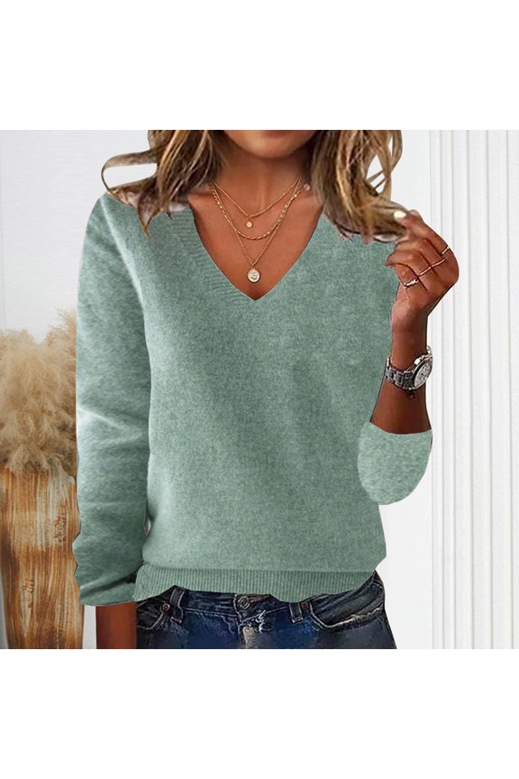Elegant Solid Color V-Neck Women'S Long Sleeve Sweaters with Elastic Cuffs and Hem, Comfy Loose Knitted Tops for Fall,Mint Green,L