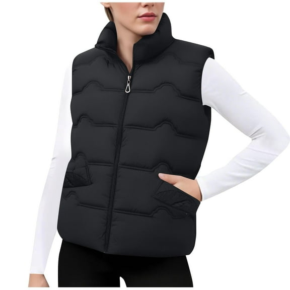 Zedker Elegant Stand Collar Sleeveless Thermal Jackets for Women Casual Fall and Winter Thermal Puffer Vests with Pockets,Black,XXL