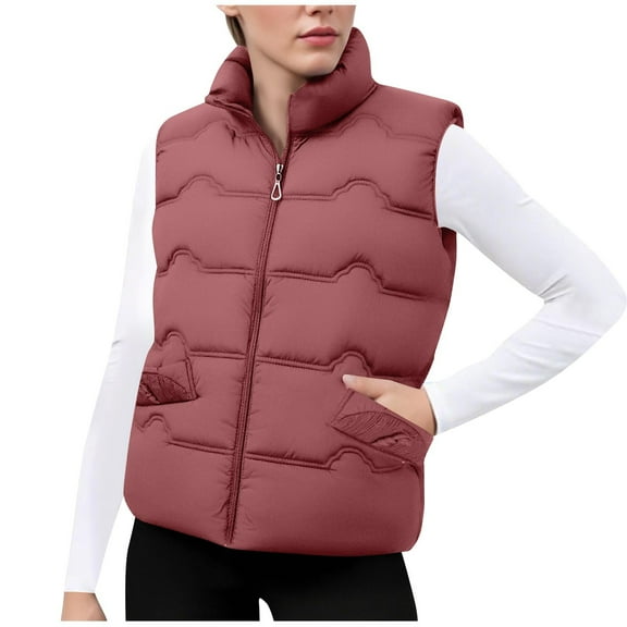 Zedker Elegant Stand Collar Sleeveless Thermal Jackets for Women Casual Fall and Winter Thermal Puffer Vests with Pockets,Wine,XXL