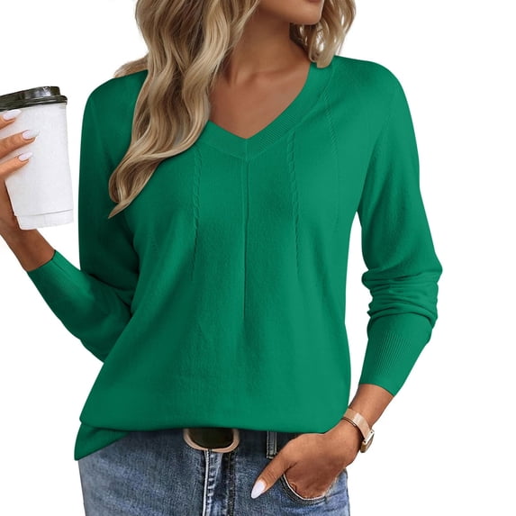 Zedker Elegant V-Neck Knitted Womens Sweaters Casual Long Sleeve Shirts for Women Fall and Winter Loose Thermal Pullover Tops,Green,XXL