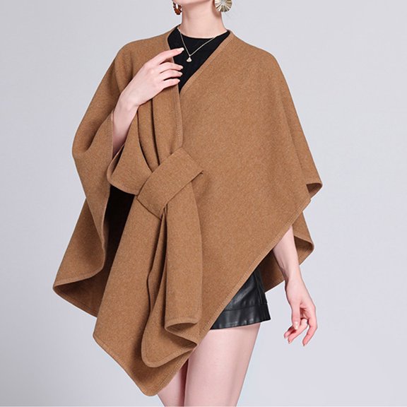 Zedker Elegant Women'S Cape Going Out Tops Casual Loose Sleeves Outerwear For Fall Winter Fashion Solid Color Blouses,Khaki,Free Size