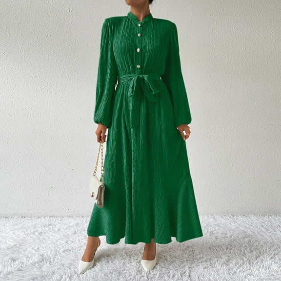 Zedker Fall 2025 Dresses Long Sleeve Dress for Women Crew Neck Black Button Causal Winter Fall Dresses with Pockets Plus Size Green L